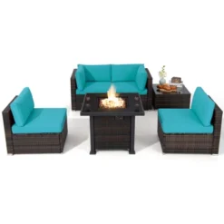 Tangkula 6 Piece Patio Wicker Conversation Set, Outdoor Rattan Sofa Set W/ 32" Propane Fire Pit Table, 50,000 BTU Heat, Tempered Glass Tabletop Black/Navy Blue/Red/Turquoise/Off White -Beauty house GUEST 32430236 d3cd 41a6 b076 e828917cf2d7