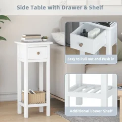 Tangkula Narrow Side Table Small End Table For Small Spaces Farmhouse Acacia Wood Slim Sofa Table Thin Nightstand W/Drawer & Open Shelf White -Beauty house GUEST 332a4048 44cc 43e5 82f1 d7c4b2bd3c16
