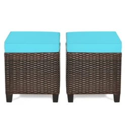 Tangkula Set Of 2 Patio Rattan Ottoman Footrest Garden Outdoor W/ Brown/Turquoise/Navy Cushion -Beauty house GUEST 33622617 d689 49ce 9b4a ffa6e11f6889