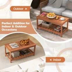 Tangkula Patio Hardwood Coffee Table 2-Tier Wooden Coffee Table With Slatted Tabletop & Storage Shelf Outdoor Rectangular Cocktail Table -Beauty house GUEST 343b7ebf ec43 462d bb0e 541a1e614aaf