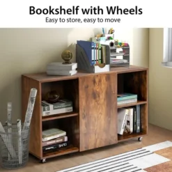 Tangkula 3-Tier Wood Bookcase 6 Cube Bookshelf W/ Door Wheels Display Cabinet -Beauty house GUEST 349b214d 9bdd 48dc 9f5b b5efa952e043
