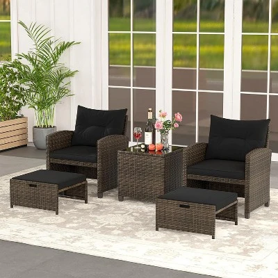 Tangkula 5 CS Rattan Furniture W/ & Tempered Glass & 2 Ottomans Coffee Table Patio 4 Tangkula 5 CS Rattan Furniture W/ & Tempered Glass & 2 Ottomans Coffee Table Patio - Image 2
