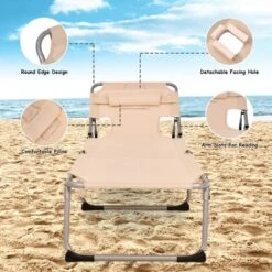 Tangkula Portable Beach Chaise Lounge Chair Folding Reclining Chair W/ Facing Hole Beige -Beauty house GUEST 355a26df d2a6 469c 8d0a 701d87a8d30c