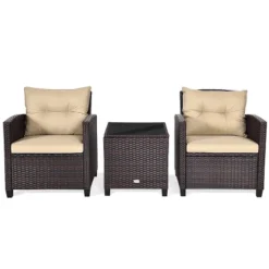 Tangkula 3PCS Wicker Cushioned Conversation Set Outdoor Rattan Furniture W/Beige/Red/Black/Navy/Off White/Turquoise Cushions -Beauty house GUEST 36938cce a022 42a6 bab4 ce5da96aa6fc