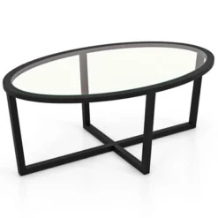 Tangkula Modern Glass Coffee Table W/ Cross Base & Acacia Wood Legs For Small Spaces -Beauty house GUEST 36c172e3 c332 400f bf5c 4105473e67bd