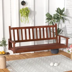 Tangkula 5FT Wooden 3-Person Porch Swing Chair W/ Adjustable Galvanized Metal Chains -Beauty house GUEST 36cbdaaa a3c4 4154 a576 d712cb0d1824