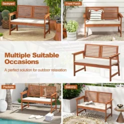 Tangkula Outdoor Bench With Cushion 2-Person Patio Bench W/Slatted Back & Seat Garden Backyard Balcony
