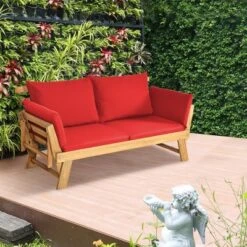 Tangkula Adjustable Patio Sofa Daybed Acacia Wood Furniture W/ Red Cushions -Beauty house GUEST 37e5c9b4 b435 4c63 bd4d e23a11f96f33