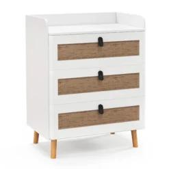 Tangkula Modern Nightstand End Bedside Table W/ 3 Rattan Drawers & Solid Wood Legs White -Beauty house GUEST 383bae7d ce3b 4f01 b4bb afe2dcd1c910