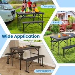 Tangkula Outdoor Table Bench Set Folding Picnic Table Set W/ 2 Benches Sturdy Metal Frame -Beauty house GUEST 385efecc 7acb 45e1 a5de 323e531b1b56