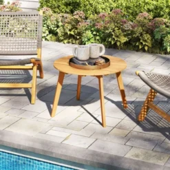 Tangkula Outdoor Acacia Wood Side Table Patio 24.5" Round End Table W/ Slatted Tabletop -Beauty house GUEST 390fee48 bfa7 4acf 8cce f4fd8ff4b17c