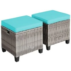 Tangkula Set Of 2 Outdoor Rattan Cushioned Ottoman Seat All Weather Patio Footrest Red/Turquoise -Beauty house GUEST 3972a90e 16bb 4917 8017 54e433bc2ff8