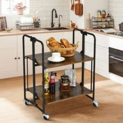 Tangkula 2-Tier Folding Bar Cart Kitchen Serving Island Utility Cart Storage Shelves
