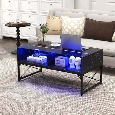 Tangkula High-gloss LED Coffee Table W/ Faux Marble & Tempered Glass Top 4 Storage Cubes 4 Tangkula High-gloss LED Coffee Table W/ Faux Marble & Tempered Glass Top 4 Storage Cubes - Image 2