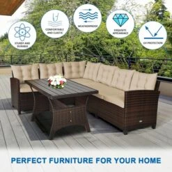 Tangkula 3PCS Rattan Dining Sofa Set W/6 Cushioned Seats Patio Furniture -Beauty house GUEST 3a8d41e1 6eaf 47ac aaad c8f3cf18b5e8