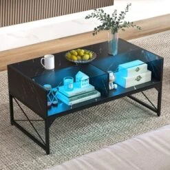 Tangkula High-gloss LED Coffee Table W/ Faux Marble & Tempered Glass Top 4 Storage Cubes