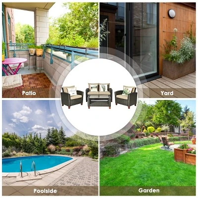 Tangkula 4PCS Cushioned Rattan Conversation Set W/ Coffee Table Patio Outdoor 8 Tangkula 4PCS Cushioned Rattan Conversation Set W/ Coffee Table Patio Outdoor - Image 6