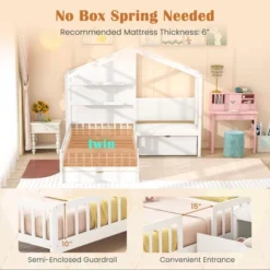 Tangkula Twin Size House Bed Kids Platform Bed W/ Padded Bench & Floating Shelves -Beauty house GUEST 3bd4d7ee 4a2b 40b1 a312 b7d8d468c178