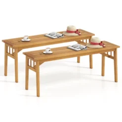 Tangkula 2 PCS Acacia Wood Outdoor Bench 48" Long Backless Wooden Picnic Bench W/ Slatted Seat -Beauty house GUEST 3ccfe741 3f98 4253 b292 4d870a5afd9a