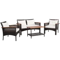 Tangkula 4PCS Rattan Patio Furniture Set Acacia Wood Outdoor Conversation Set W/ Cushions -Beauty house GUEST 3dc3217c 79c3 4e19 9197 234bcc6144f5