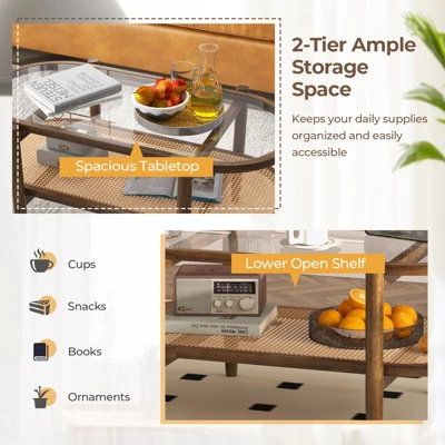 Tangkula 2-Tier Acacia Wood Coffee Table Mid-Century Modern Rectangular Center Table With Glass Tabletop And Imitation Rattan Storage Shelf 7 Tangkula 2-Tier Acacia Wood Coffee Table Mid-Century Modern Rectangular Center Table With Glass Tabletop And Imitation Rattan Storage Shelf - Image 5