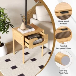 Tangkula Bamboo Nightstand Farmhouse Bedside Table W/ Tempered Glass Decorated Drawer -Beauty house GUEST 3efa7d6d beb6 4db3 a90c c4846e2d8821