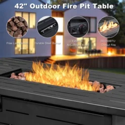 Tangkula 9 PCS Rattan Dinning Set Wicker Sofa W/Propane Gas Fire Pit 60,000 Btu Heater -Beauty house GUEST 3fc21363 167b 44b8 b86a 2eb3c8262646