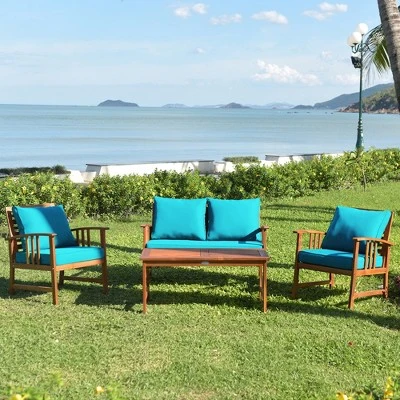 Tangkula 8pcs Wooden Patio Furniture Set Table & Sectional Sofa W/ Turquoise Cushion 3 Tangkula 8pcs Wooden Patio Furniture Set Table & Sectional Sofa W/ Turquoise Cushion