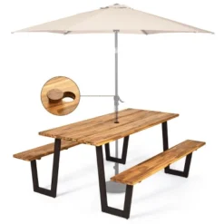 Tangkula Patented Picnic Table Bench Set Outdoor Camping Wooden 2 Built-in Benches W/Umbrella Hole -Beauty house GUEST 424c460f fb9a 4fc3 bede c0d943829897