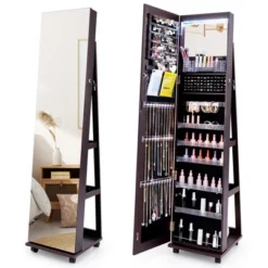 Tangkula 64" Jewelry Cabinet Armoire W/ 3-Color Lights Adjustable Shelves & Wheels -Beauty house GUEST 425b2f48 b528 4598 98b7 9f4832be797a