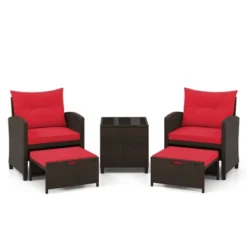 Tangkula Set Of 5 Rattan Furniture W/ 2 Wicker Ottomans & Tempered Glass Coffee Table Patio Red -Beauty house GUEST 42627eb1 7fd4 47d1 b85f 0fc068d0c4ca