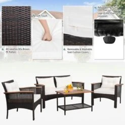 Tangkula 4PCS Rattan Patio Furniture Set Acacia Wood Outdoor Conversation Set W/ Cushions -Beauty house GUEST 4276b606 4a1a 4ce9 af1c fe6927c8ddac