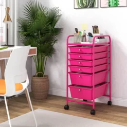 Tangkula 6 Drawer Scrapbook Paper Organizer Rolling Storage Cart For Office School Pink