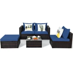 Tangkula 5PCS Cushioned Rattan Patio Conversation Set W/ Ottoman Navy Cushion -Beauty house GUEST 432e3985 8d06 4f2e 8dc2 45c54b04aa60