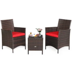 Tangkula 3 Pieces Patio Rattan Conversation Furniture Wicker Chairs With Coffee Table & Cushions Red/Blue/White -Beauty house GUEST 4399450f 9128 4ddb a2ee 328158498e1a