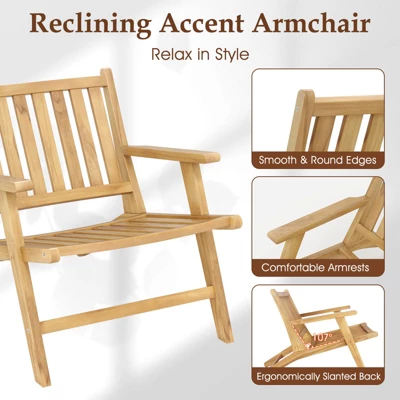 Tangkula 2PCS Teak Wood Outdoor Reclining Chair W/ Comfortable Backrest & Armrests 9 Tangkula 2PCS Teak Wood Outdoor Reclining Chair W/ Comfortable Backrest & Armrests - Image 7