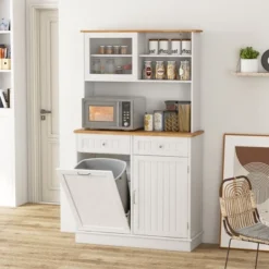 Tangkula Double Tilt Out Trash Cabinet W/ Hutch Kitchen Pantry Storage Cabinet White -Beauty house GUEST 445b4f6b 4a1f 4231 8bb2 5bbaca8af529