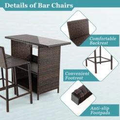 Tangkula 3PCS Wicker Bar Set Height Table 2 Stools W/3 Rows Stemware Racks Garden Patio