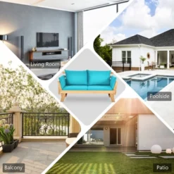 Tangkula Adjustable Patio Sofa Daybed Acacia Wood Furniture W/ Navy & Turquoise Sets Cushion -Beauty house GUEST 4643c84d d04e 4717 88fd fab1a6d1d253