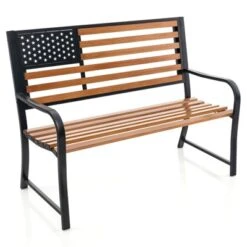 Tangkula 50” Outdoor Garden Bench 2-Person Metal Patio Chair With Flag Pattern Backrest & Rustic Wood Grain Finish -Beauty house GUEST 4666ce46 d8af 40ea b29d 1e1fa12b5c21
