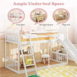 Tangkula Twin Over Twin House Bunk Bed W/ Slide Solid Wood Low Bunk Bed For Kids White -Beauty house GUEST 46fdd004 7499 48b2 8ce0 ea14d9795958