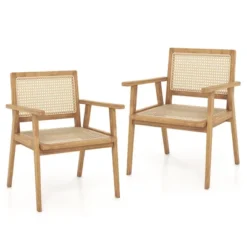 Tangkula 2PCS Wood Chair Teak Wood Armchair W/ Rattan Seat & Curved Backrest Dining Chair Patio -Beauty house GUEST 4715a28a a84c 42d4 be4d 97c3f175e63e