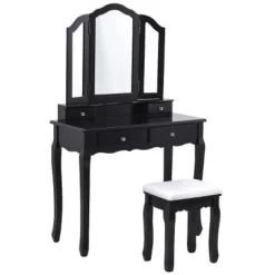 Tangkula Removable Tri-folding Mirror Vanity Table Unit Makeup Set W/ Stool & 4 Drawers -Beauty house GUEST 471c79b7 81ec 4e68 96a3 0a1bf8092cc1