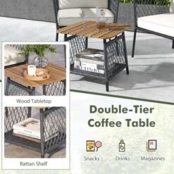 Tangkula Set Of 3 Furniture Set W/ 2-Tier Coffee Table Acacia Wood Armrests Tabletop Patio -Beauty house GUEST 47b28014 d28c 49bb 849c 5f3cf48a5ac6