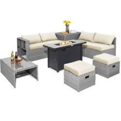 Tangkula 9 PCS Patio Furniture Set With 42" 60,000 BTU Fire Pit Outdoor Space-Saving Sectional Sofa Set With Storage Box Black/Gray/Navy/Red/Turquoise/Off White -Beauty house GUEST 4818c09a 3d9e 475d a89f 96f867baae3e