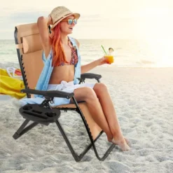 Tangkula Oversized Zero Gravity Lounge Chair Folding Recliner W/ Cup Holder & Pillow, Beige