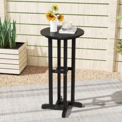 Tangkula 21.5" Round Bar Table Patio HDPE Bar Height Dining Table W/ Slatted Tabletop