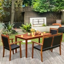 Tangkula 4PCS Patio Dining Set Acacia Wood Rattan Furniture Set W/ Umbrella Hole
