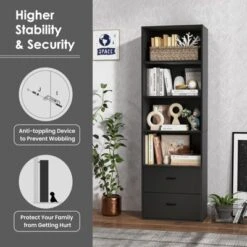 Tangkula 74” Tall Bookcase 4-tier Open Bookshelf With 2 Slide-out Drawers Modern Display Shelf With Anti-toppling Device Multipurpose Wooden Storage Organizer White/Black -Beauty house GUEST 4afc2d6e 93ec 4f8f 9fc5 6b504ae4ccfe