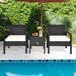 Tangkula 3PCS Rattan Patio Conversation Set Outdoor Furniture Set W/ Storage Table